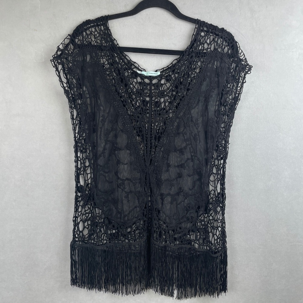 Maurices Black Crochet Lace Fringe Vest Sleeveless Festival Hip Steampunk Top SM